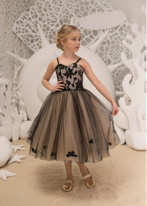 Black Spaghetti Straps Tea Length Lace Tulle Flower Girl Dress